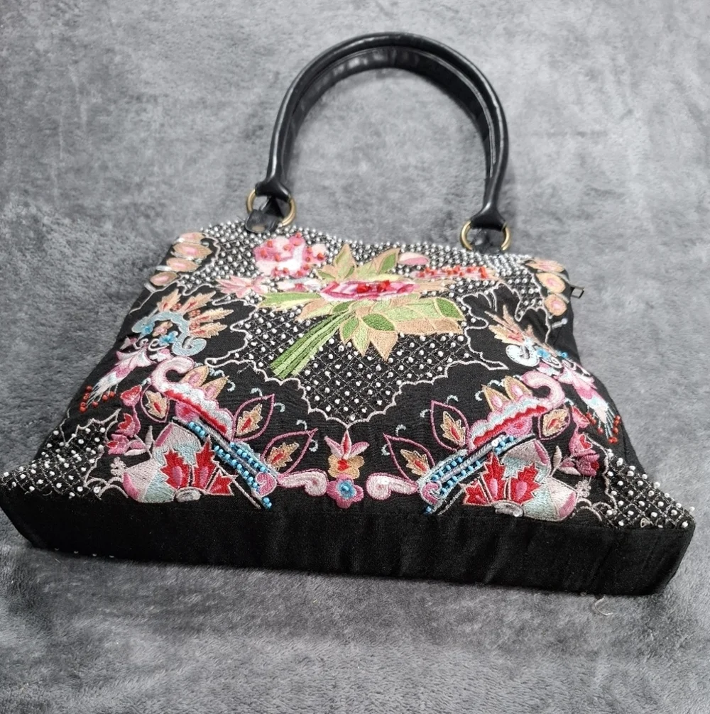 CHRISTIANA Floral BEADED Embroidered MEDIUM BAG Double Strap Purse Multicolor